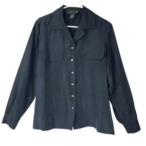 August Silk Black Faded Blouse M Button Up Notched Collar Long Sleeve Pockets